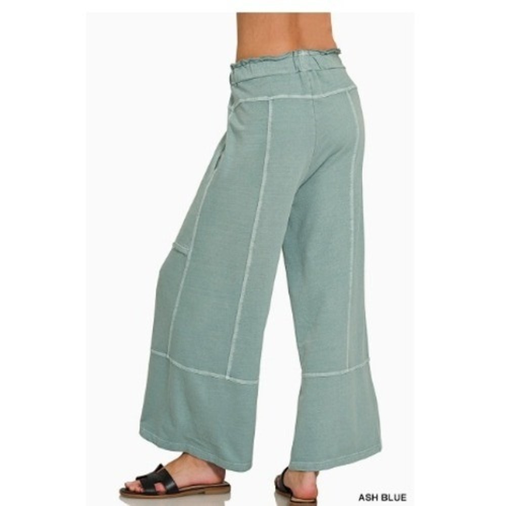 NWT ZENANA Boho Ash Blue Washed French Terry Wide Leg Pant 100% Cotton M Coastal